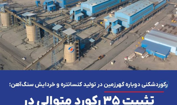 رکوردشکنی دوباره گهرزمین در تولید کنسانتره و خردایش سنگآهن؛ تثبیت ۳۵ رکورد متوالی در خطوط فرآوری